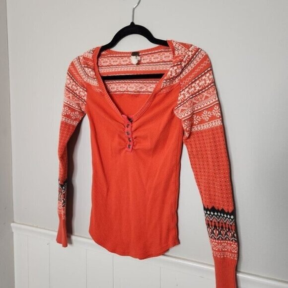 FREE PEOPLE Orange Fair Isle Thermal Henley Top - Picture 1 of 5